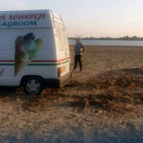 IJscowagen vast in het zand van het Strandbad Duin in Almere Poort